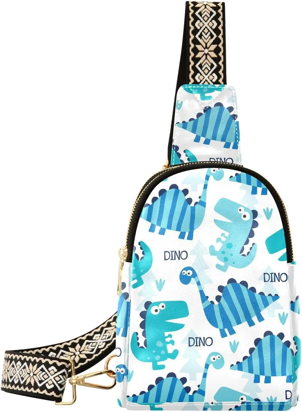 Childish Dino Cartoon Fanny Pack Crossbody PC Leather Small Sling Bag for Women Cute Dinosaurs Blue Fashion Waist Packs Chest Bag for Travel Sports Running Hiking