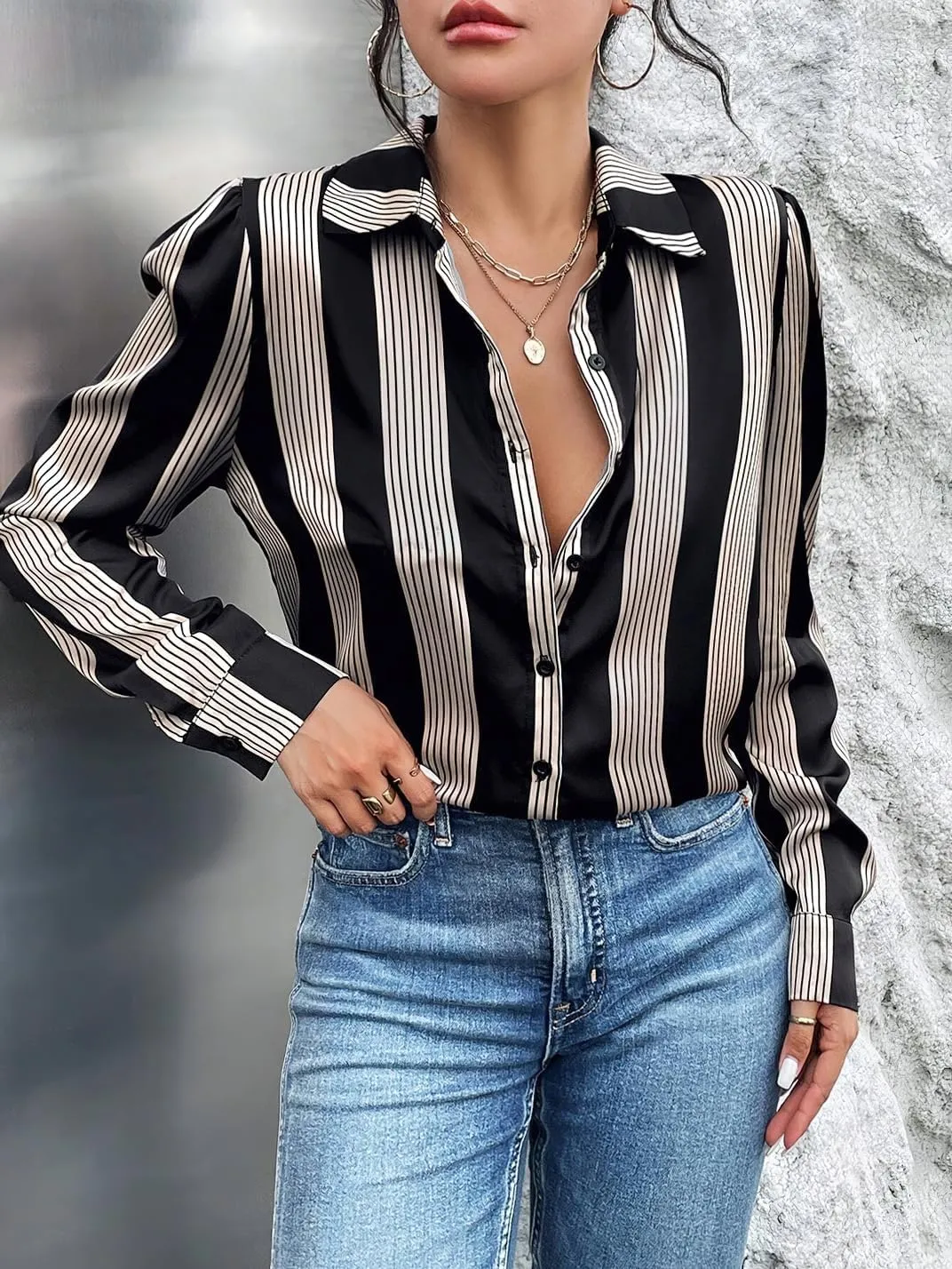 chouyatou Women's Button Down Floral Stripe Shirt Long Sleeve Lapel V Neck Loose Casual Work Blouse Top