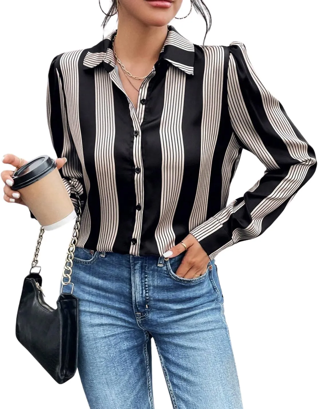 chouyatou Women's Button Down Floral Stripe Shirt Long Sleeve Lapel V Neck Loose Casual Work Blouse Top