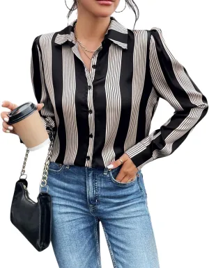 chouyatou Women's Button Down Floral Stripe Shirt Long Sleeve Lapel V Neck Loose Casual Work Blouse Top