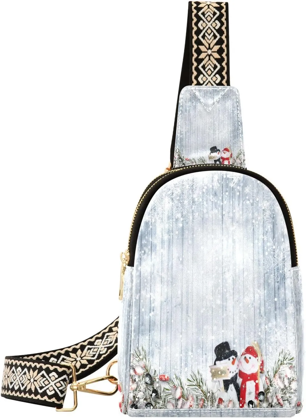 Christmas Firtree Snowmen Fanny Pack Crossbody PC Leather Small Sling Bag for Women Wooden White Fashion Waist Packs Chest Bag for Travel Sports Running Hiking