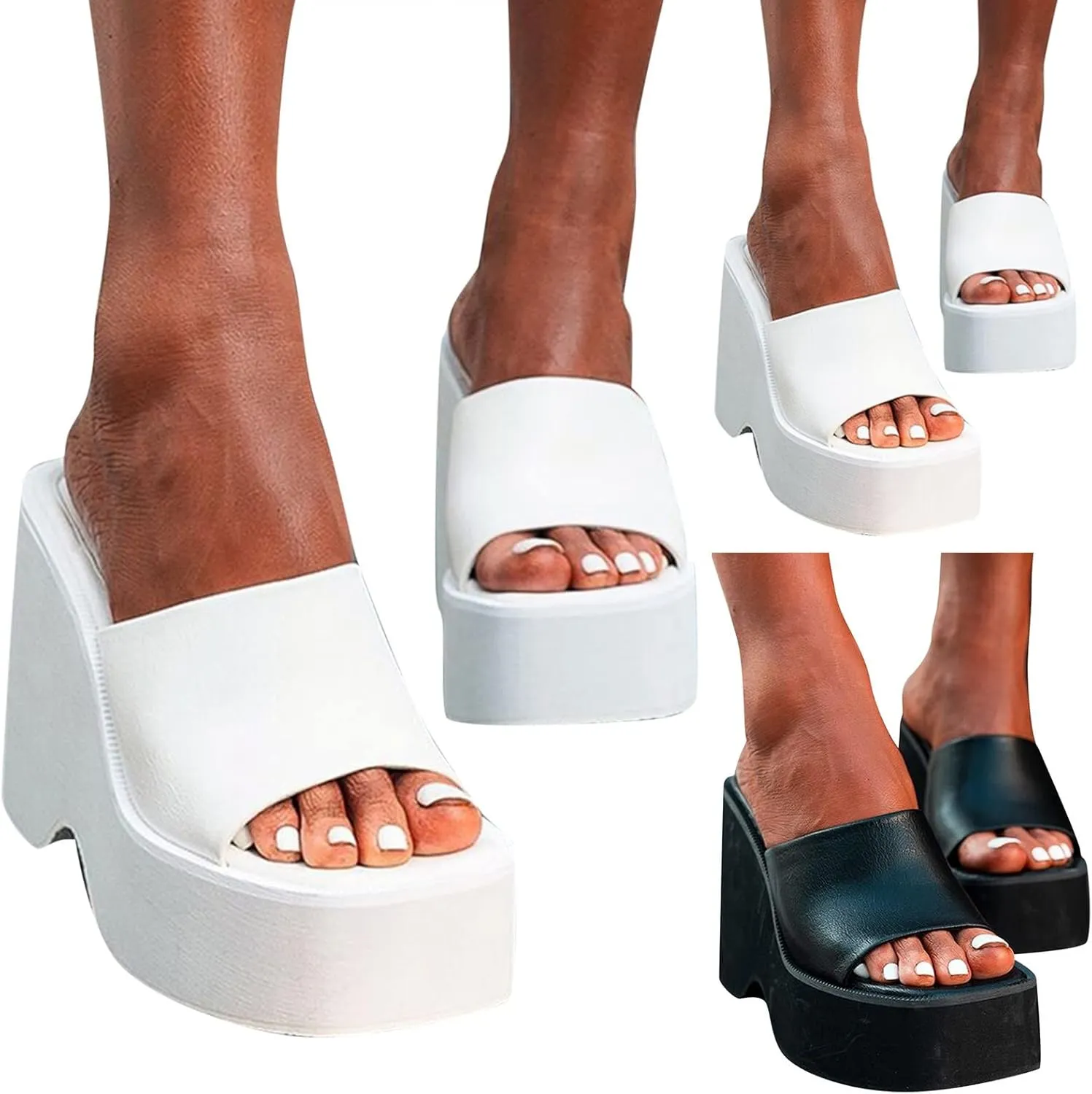 Chunky Heels for Women Wedge Siides Sandals Platform Open Toe Heels Slippers Slip on Elastic Band Wedges Shoes
