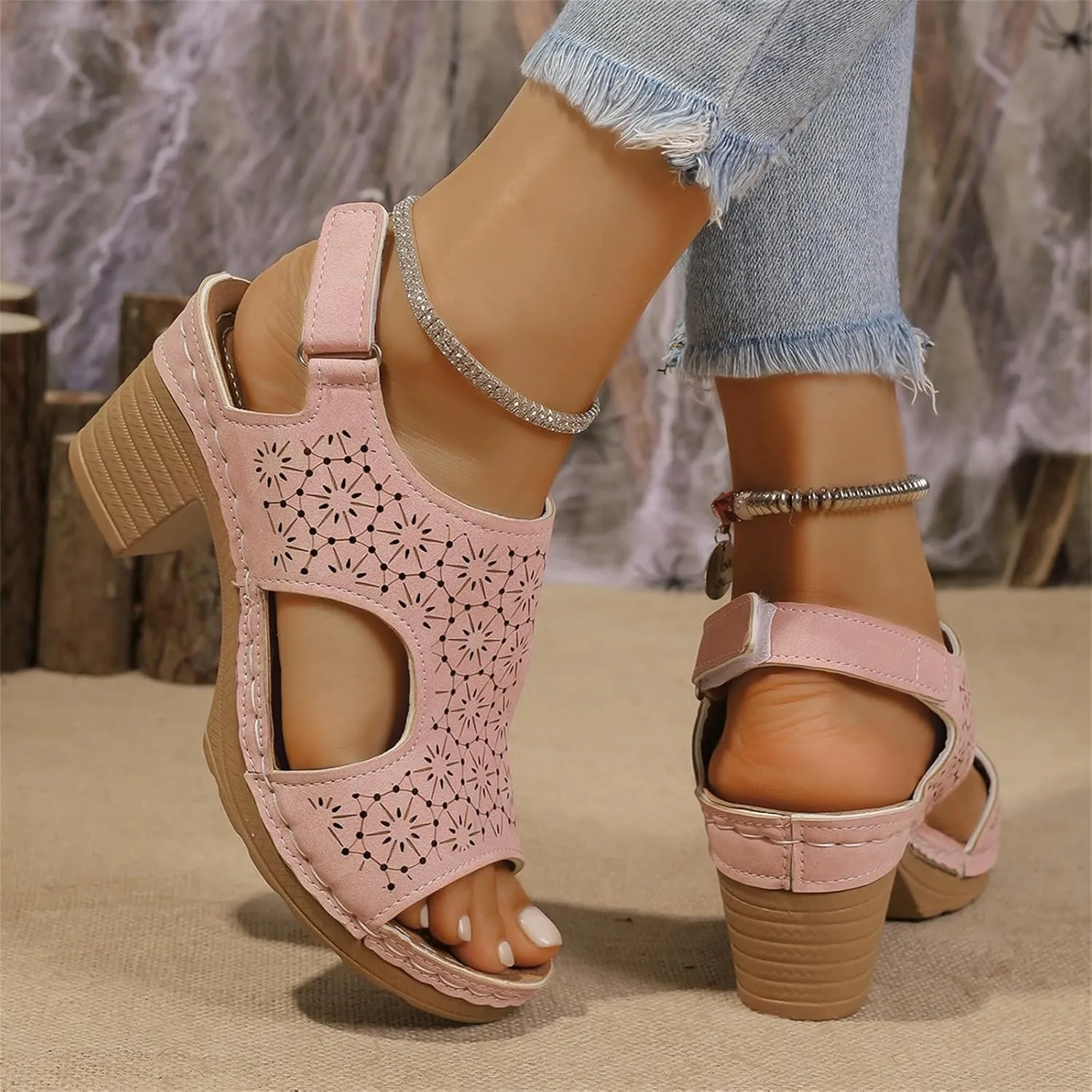 Chunky High Heels Sandals for Womens Ankle Strap Platform Wedge Sandals Comfortable Dressy Peep Toe Cutout Heels Outdoor Shoes