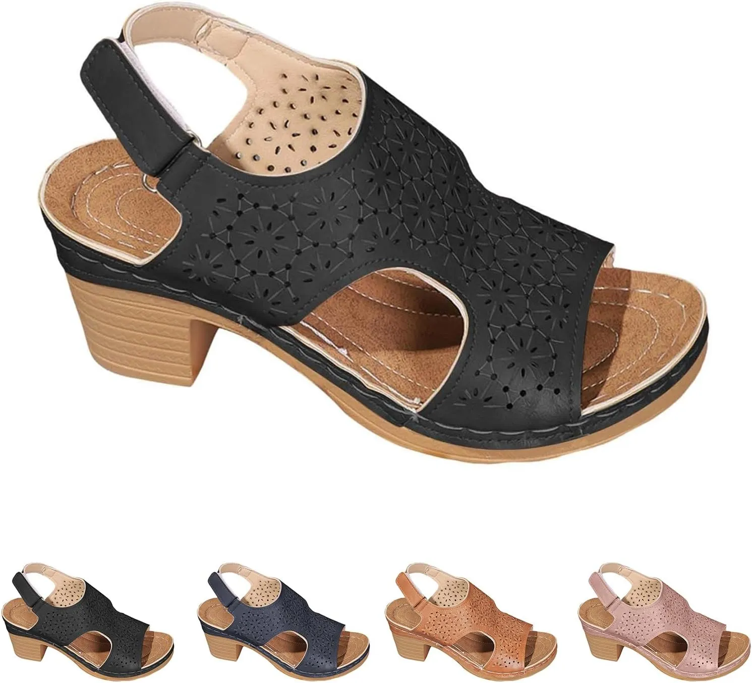 Chunky High Heels Sandals for Womens Ankle Strap Platform Wedge Sandals Comfortable Dressy Peep Toe Cutout Heels Outdoor Shoes