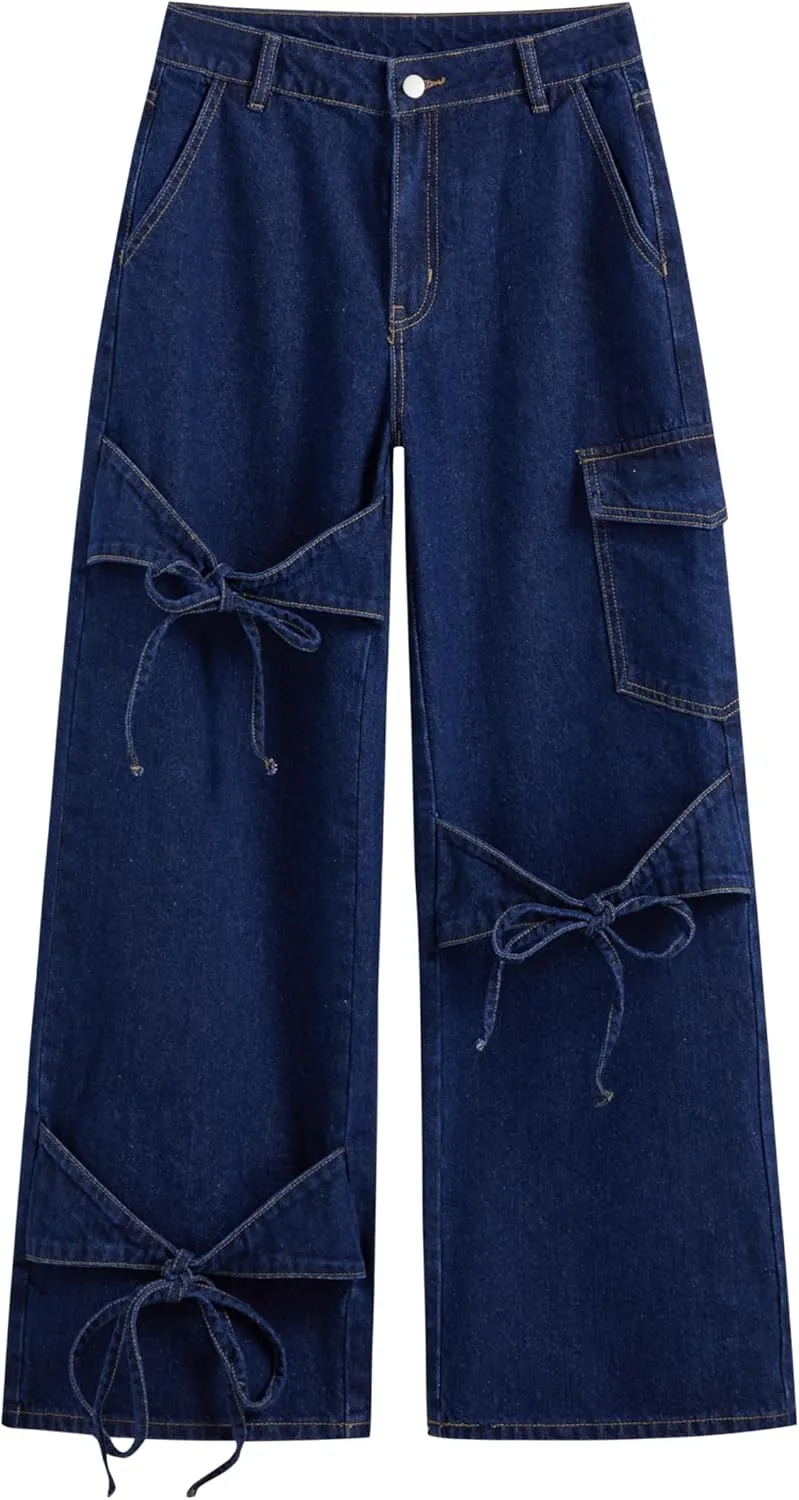 CIDER Baggy Jeans for Women Low Waisted Wide Straight Leg Bow Jeans Denim Pants