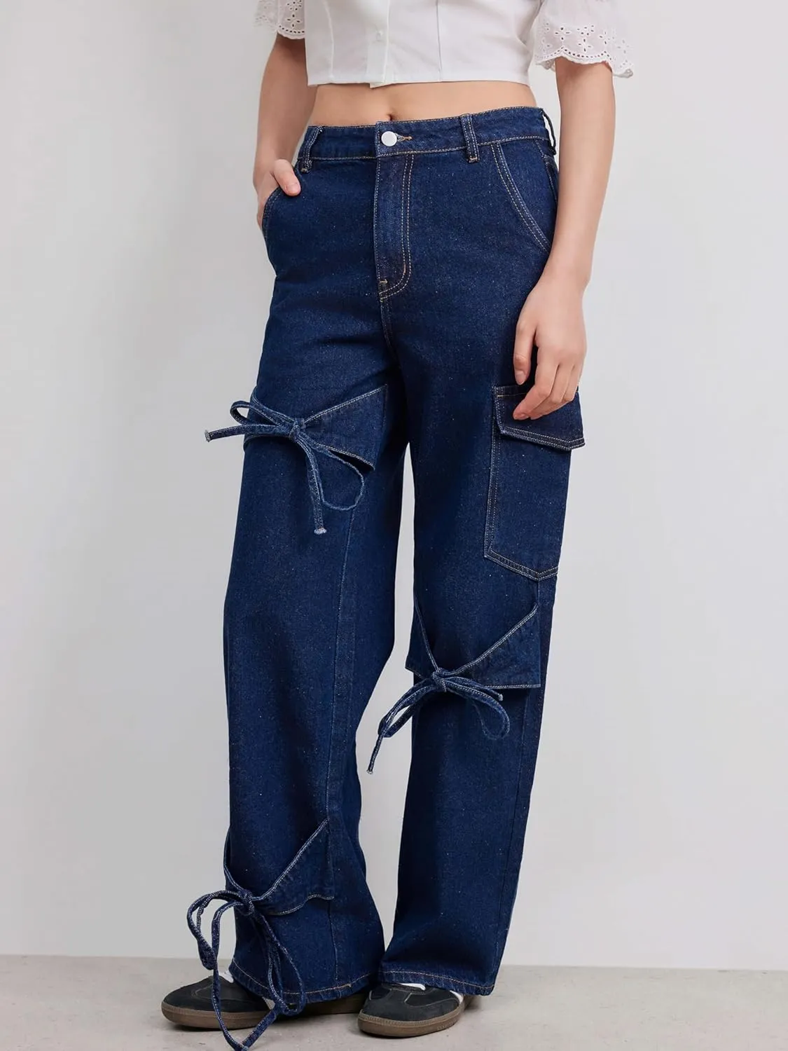 CIDER Baggy Jeans for Women Low Waisted Wide Straight Leg Bow Jeans Denim Pants