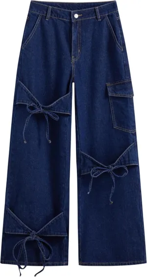 CIDER Baggy Jeans for Women Low Waisted Wide Straight Leg Bow Jeans Denim Pants