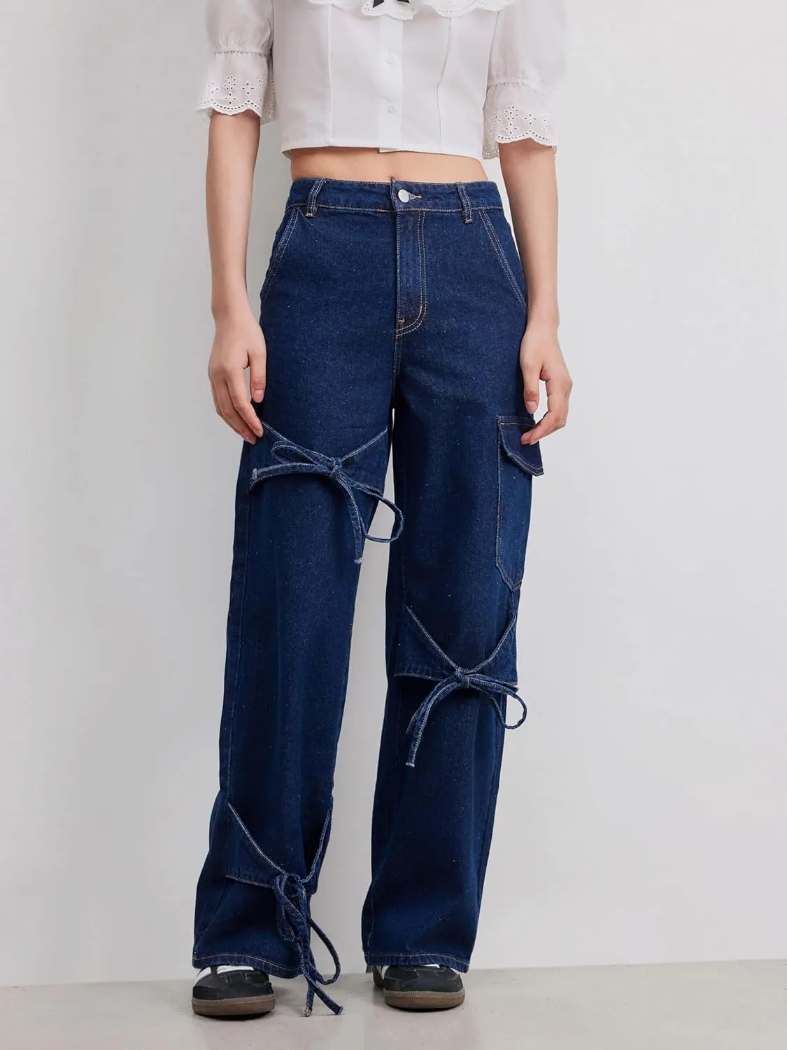CIDER Baggy Jeans for Women Low Waisted Wide Straight Leg Bow Jeans Denim Pants