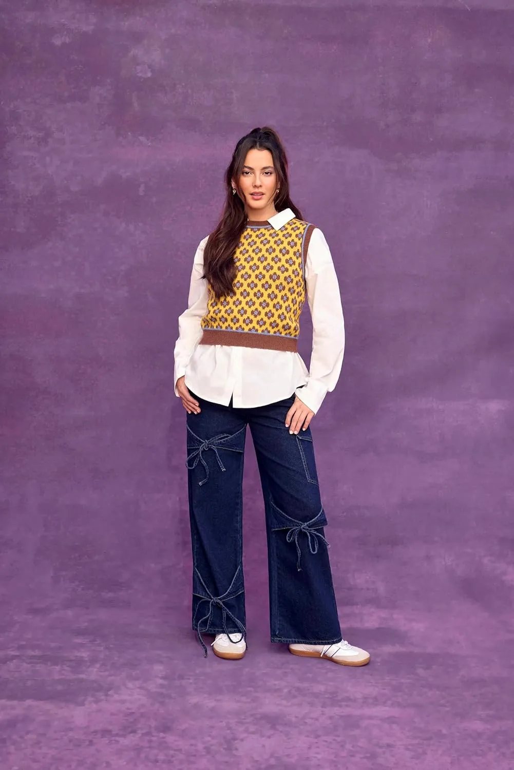 CIDER Baggy Jeans for Women Low Waisted Wide Straight Leg Bow Jeans Denim Pants