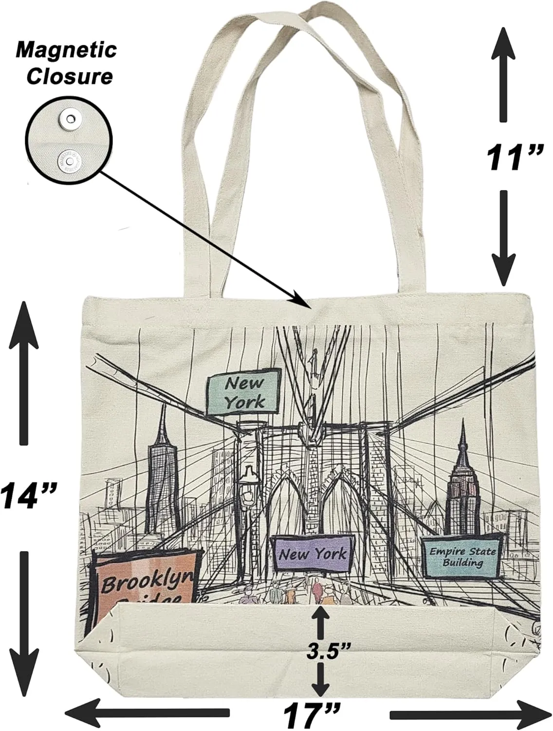 City-Themed Artwork Tote Bag Collection - Designed in the USA, 17"x14", Double Sided Print, Souvenir & Gift