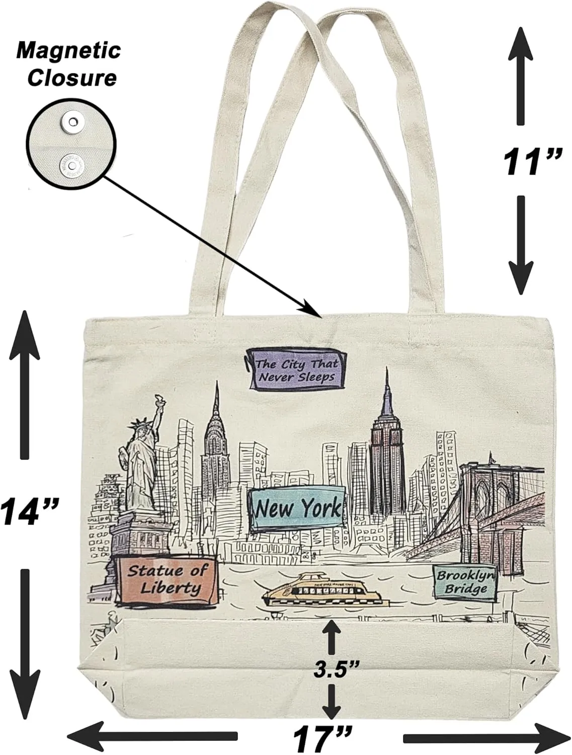 City-Themed Artwork Tote Bag Collection - Designed in the USA, 17"x14", Double Sided Print, Souvenir & Gift