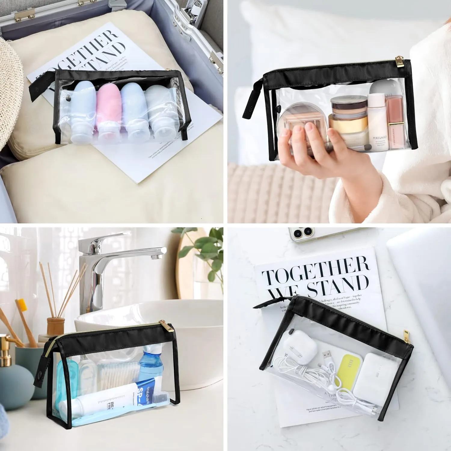 Clear Toiletry Bags, Perfect Size Clear Pouches with Zipper for Traveling, Sturdy Clear Makeup Bags for Home Storage Organizing, Vacation, Travel accessories (3 Pack)