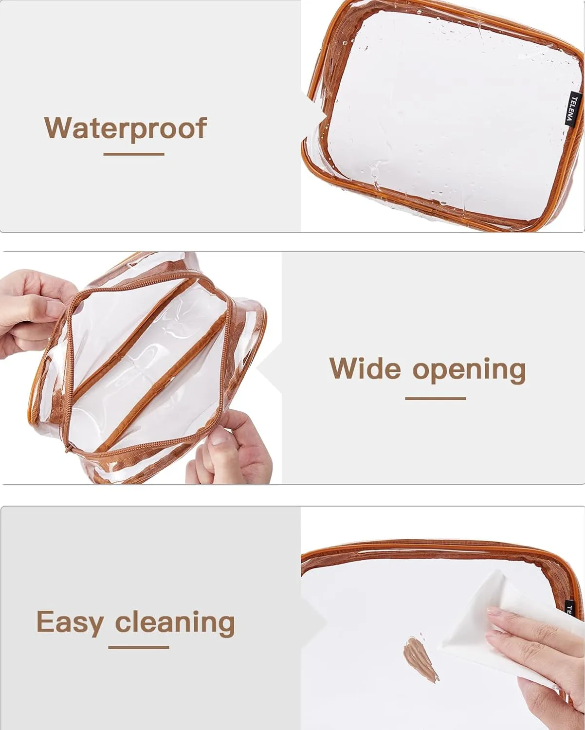 Clear Travel Essentials Toiletry Bags - TSA Approved 2PCS Multifunctional Cosmetic Makeup Packs,Quart Size Carry On Accessories,Luggage Organizer For Women & Men,PVC Material,Brown