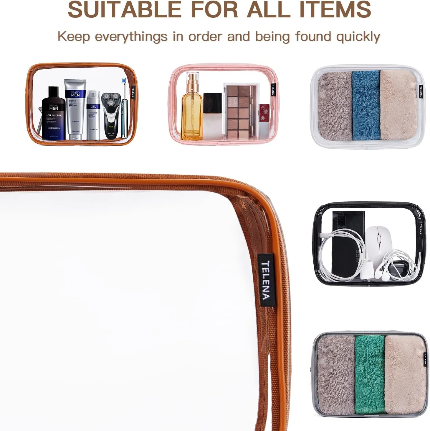 Clear Travel Essentials Toiletry Bags - TSA Approved 2PCS Multifunctional Cosmetic Makeup Packs,Quart Size Carry On Accessories,Luggage Organizer For Women & Men,PVC Material,Brown