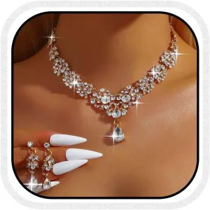 CLOACE Rhinestone Wedding Bridal Jewelry Set Silver Sparkly Earrings Prom Necklace Jewelry Accessories for Women