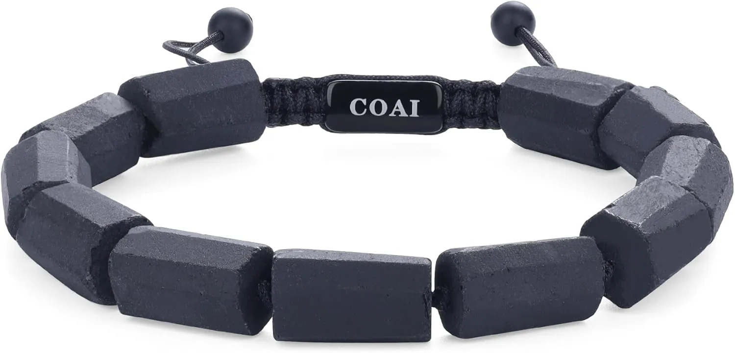 COAI Lava Black Tourmaline Beaded Bracelet for Men, Black Stone Raw Crystal Bracelet for Men