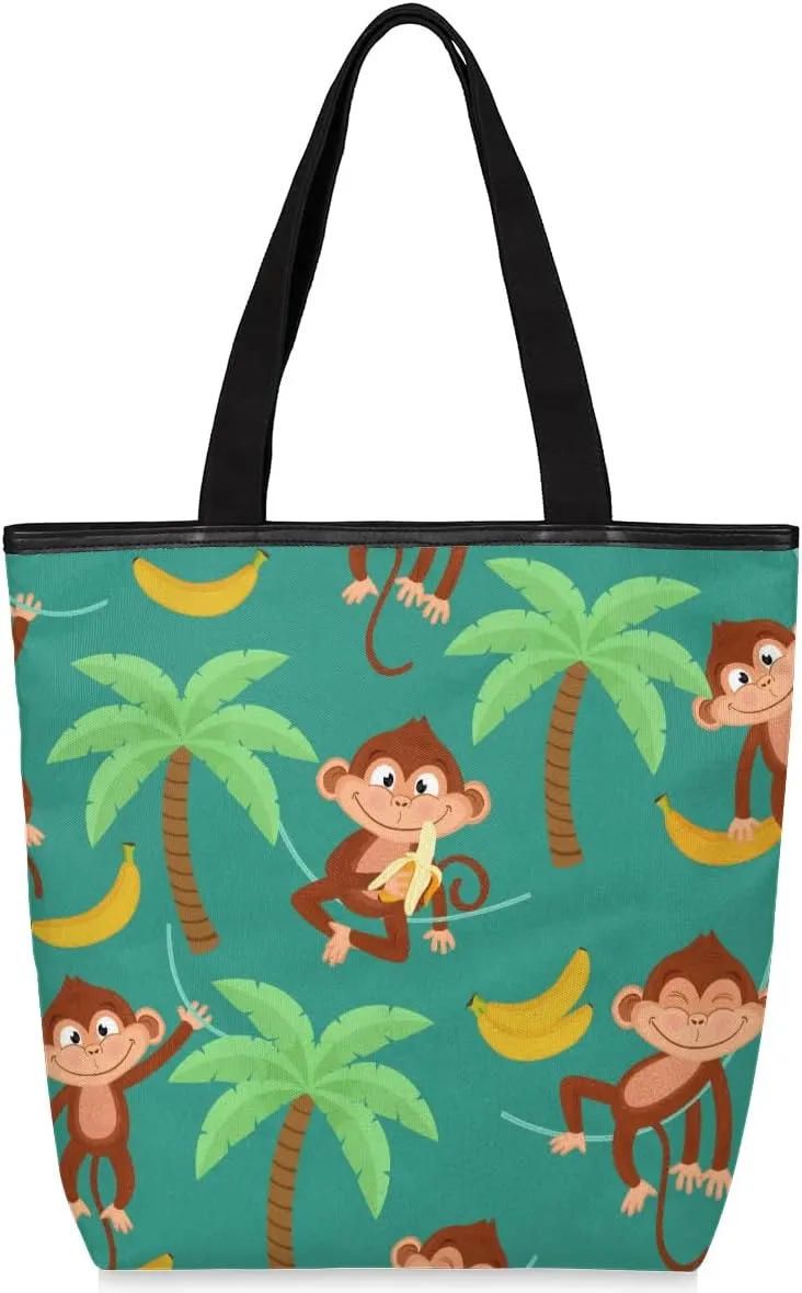 Coconut Banana Monkey Canvas Tote Bag with Zipper and Pockets Canvas Tote Shopping Bag Women Reusable Grocery Bag for Beach Travel Gym Shopping