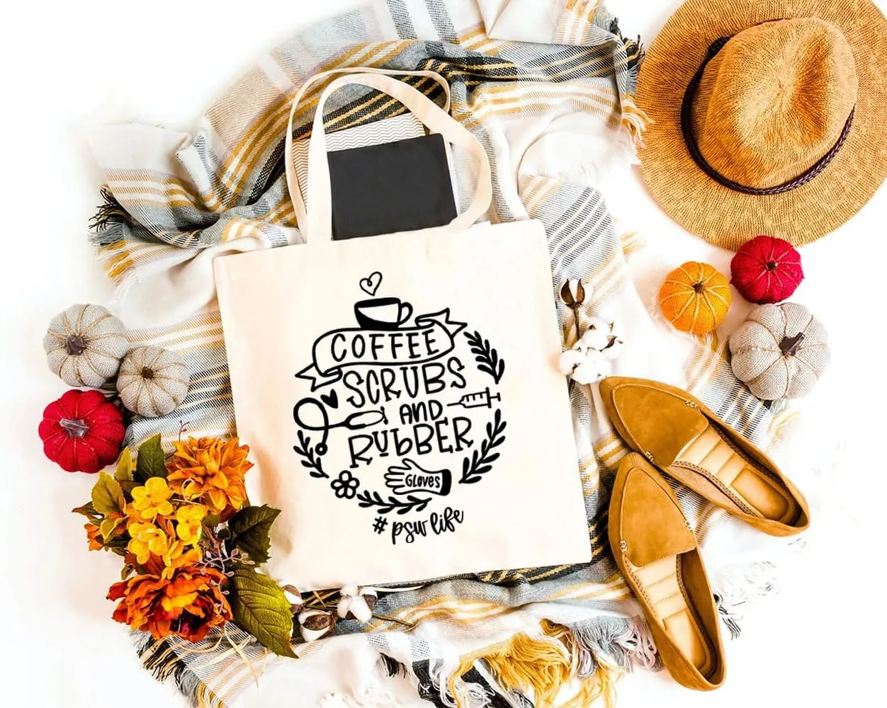 Coffee Scrubs and Rubber Gloves Nurse Life Canvas Tote Bag for Women Reusable Shoulder Shopping Bags Nurses Gifts