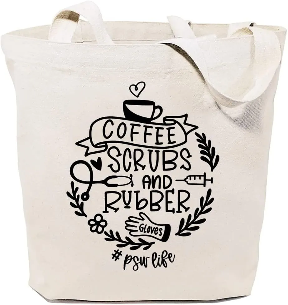 Coffee Scrubs and Rubber Gloves Nurse Life Canvas Tote Bag for Women Reusable Shoulder Shopping Bags Nurses Gifts