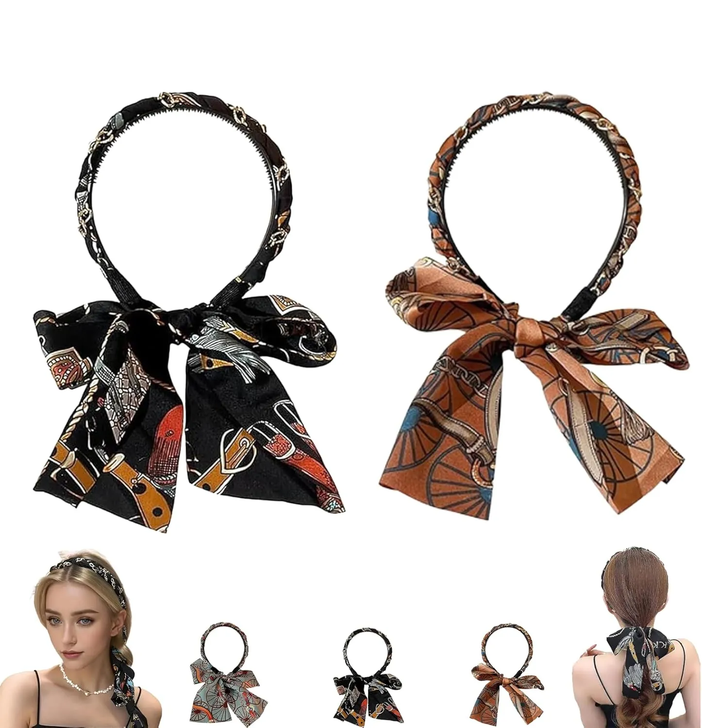 Converselyon Satin Fabric Hair Bands, Non Slip Hair Bands, Retro Satin Cross Knotted Fabric Headband, Djustable Bow Bowknot Hairbands for Women (Black Brown*2 Pcs)