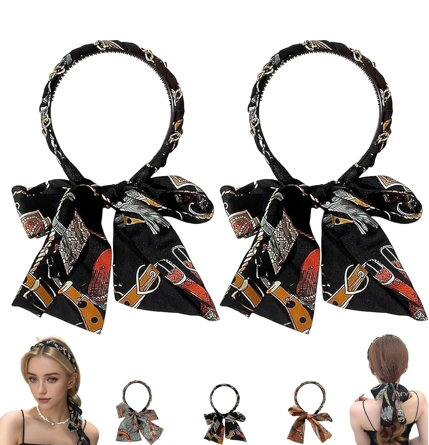 Converselyon Satin Fabric Hair Bands, Non Slip Hair Bands, Retro Satin Cross Knotted Fabric Headband, Djustable Bow Bowknot Hairbands for Women (Black*2 Pcs)