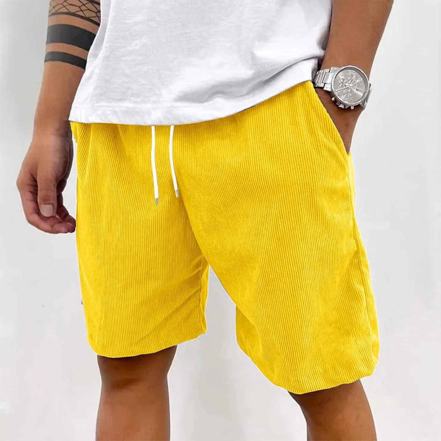 Corduroy Shorts Men Casual Lightweight Elastic Waist Shorts 7 Inch Loose Slim Fit Summer Beach Short with Pockets