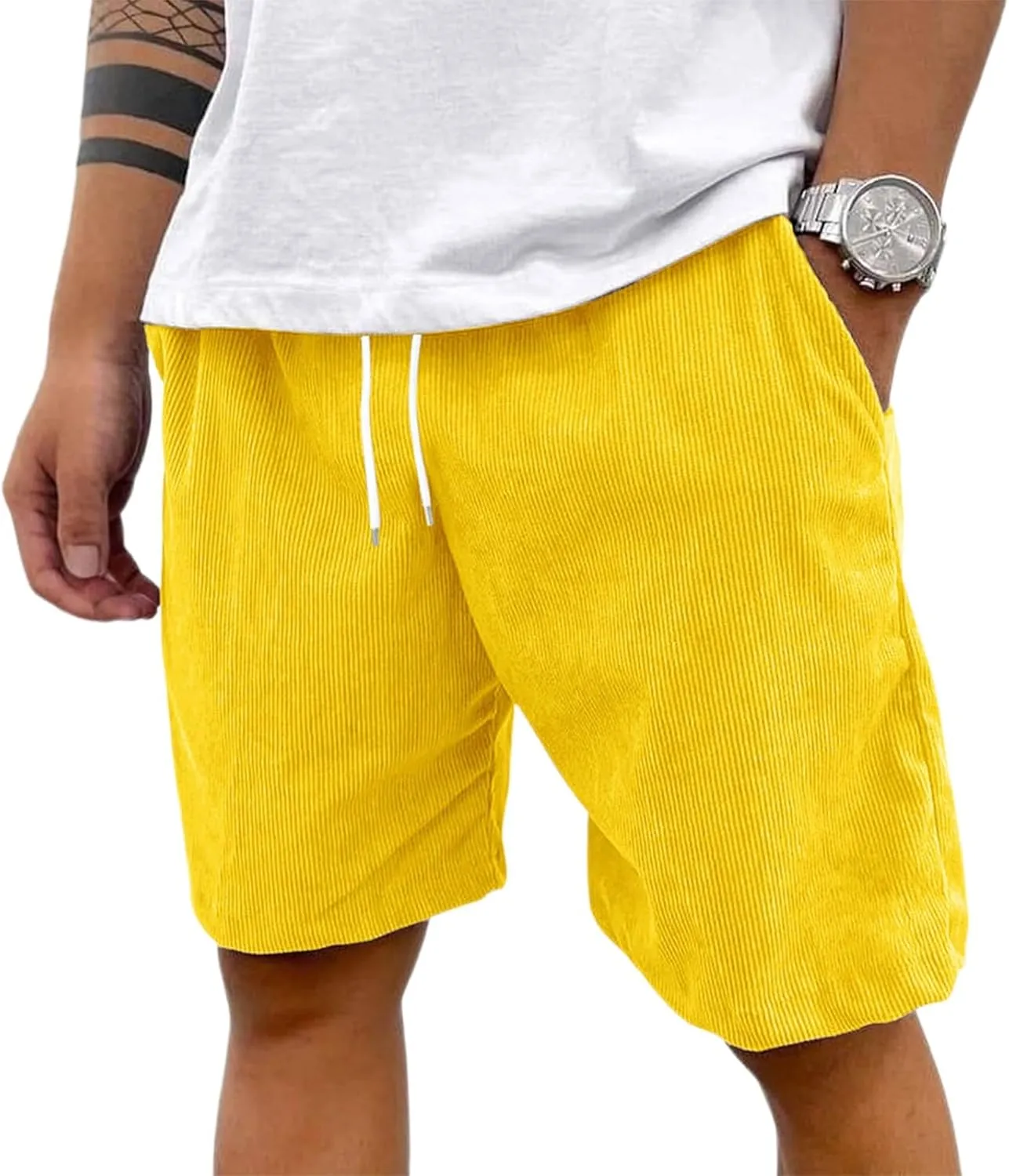 Corduroy Shorts Men Casual Lightweight Elastic Waist Shorts 7 Inch Loose Slim Fit Summer Beach Short with Pockets