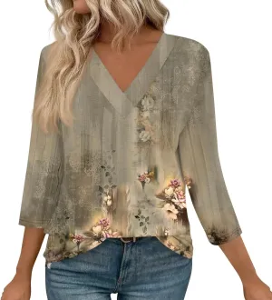 COTECRAM 3/4 Length Sleeve Womens Tops V Neck Dressy Casual Tunic Tops Spring Summer Loose Fit Blouse Shirts 2025