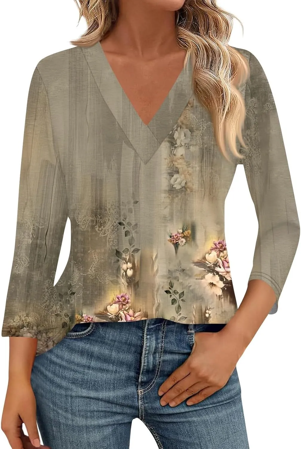 COTECRAM 3/4 Length Sleeve Womens Tops V Neck Dressy Casual Tunic Tops Spring Summer Loose Fit Blouse Shirts 2025