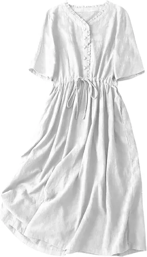 Cotton Dresses for Women 2025 Casual Short Sleeve Linen Dresses Summer Button Down Midi Dress Drawstring Beach Dress