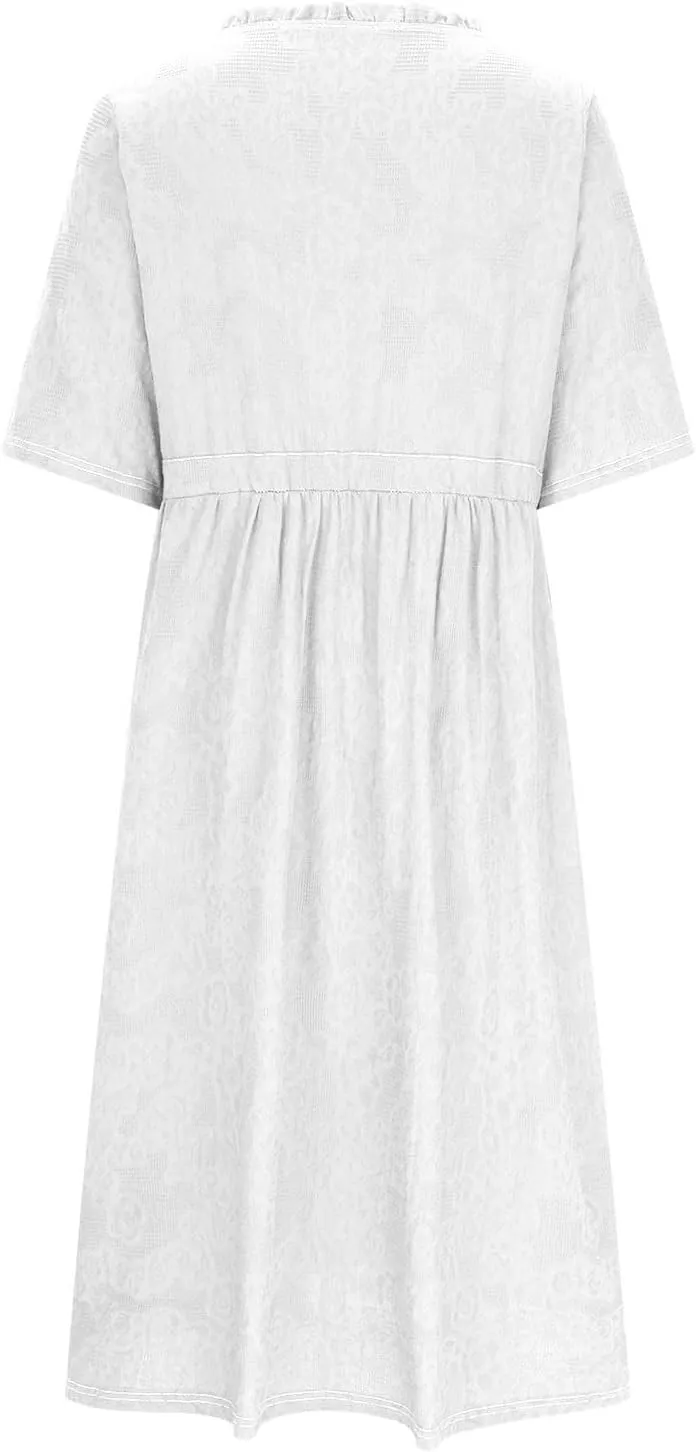 Cotton Dresses for Women 2025 Casual Short Sleeve Linen Dresses Summer Button Down Midi Dress Drawstring Beach Dress