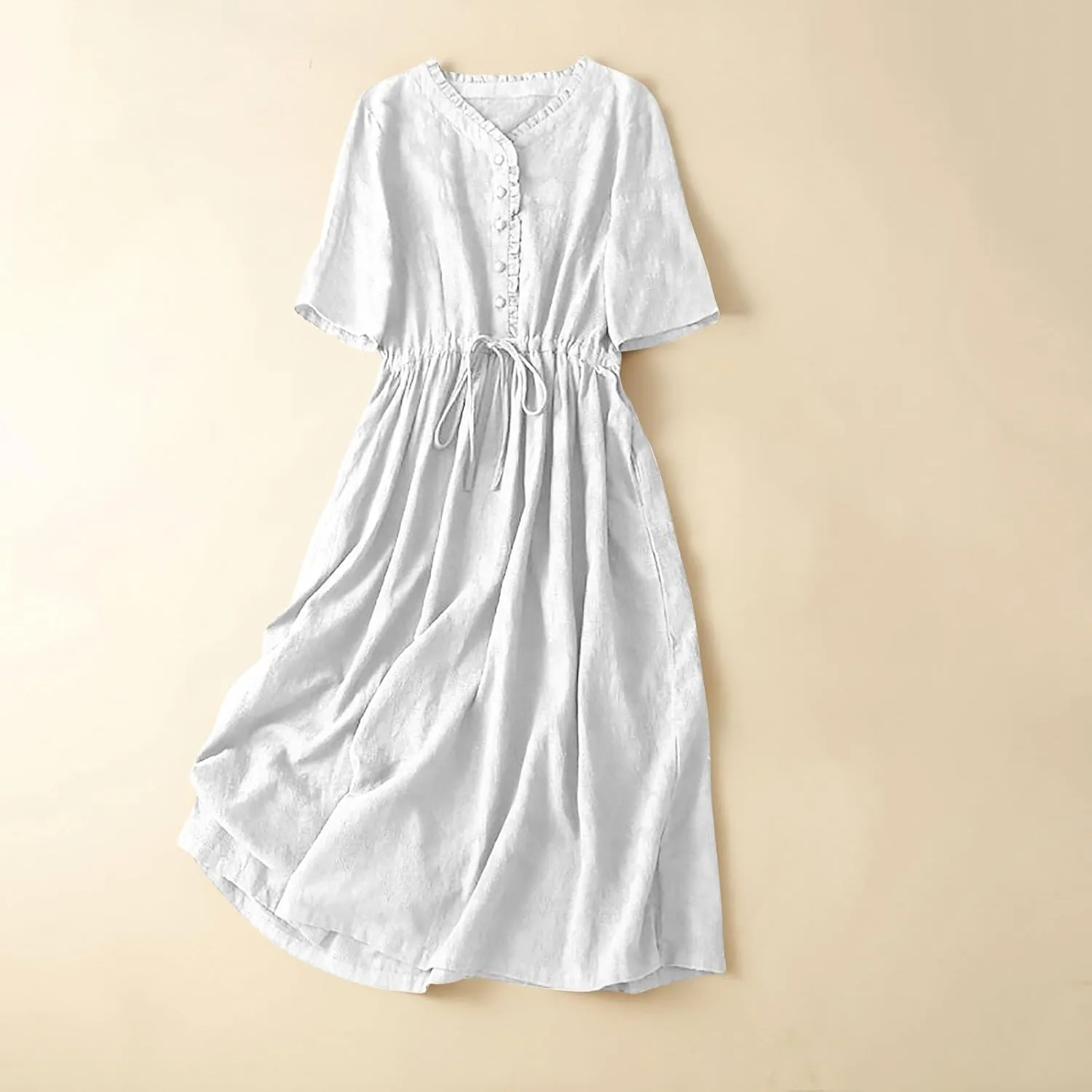 Cotton Dresses for Women 2025 Casual Short Sleeve Linen Dresses Summer Button Down Midi Dress Drawstring Beach Dress