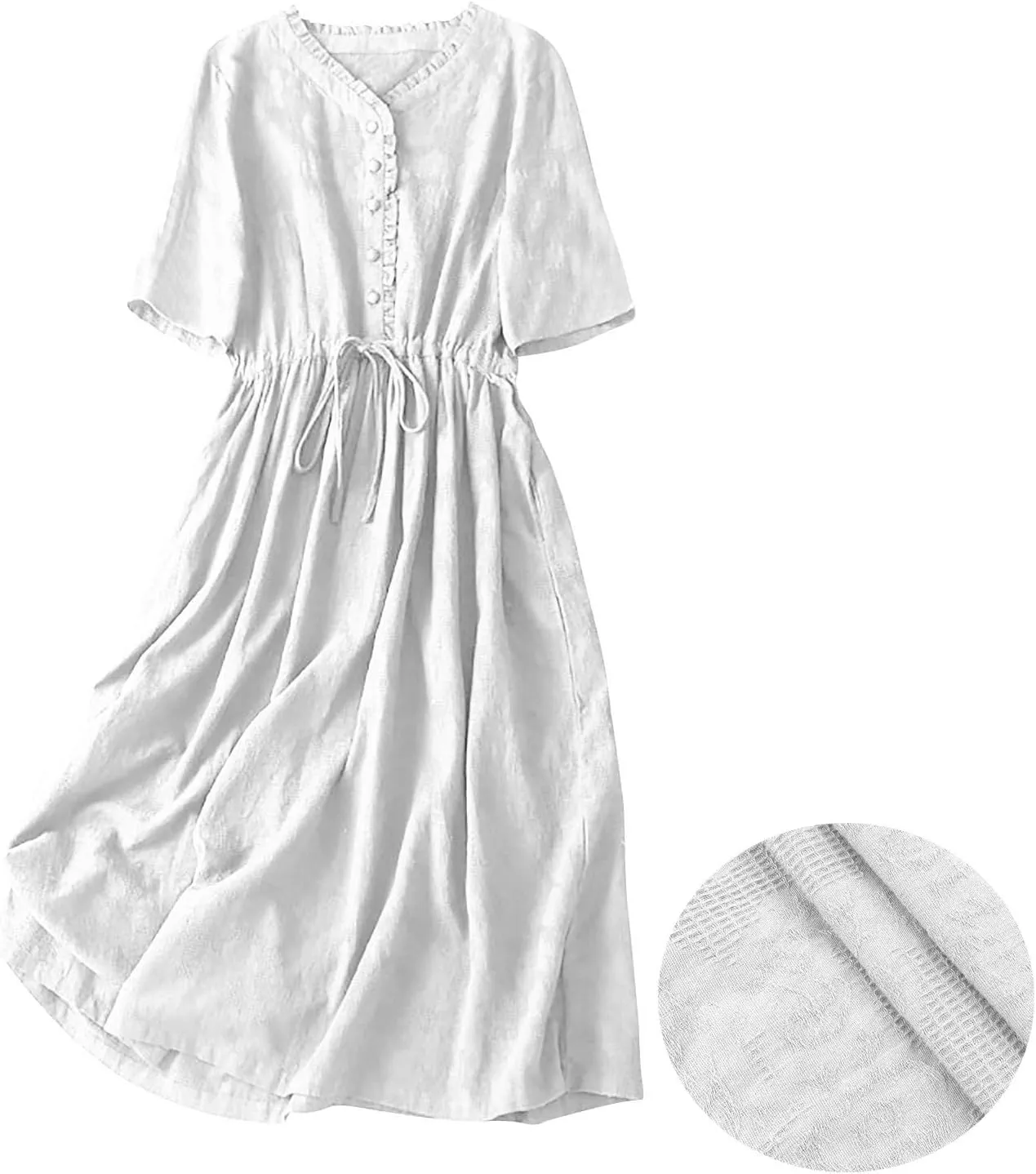 Cotton Dresses for Women 2025 Casual Short Sleeve Linen Dresses Summer Button Down Midi Dress Drawstring Beach Dress