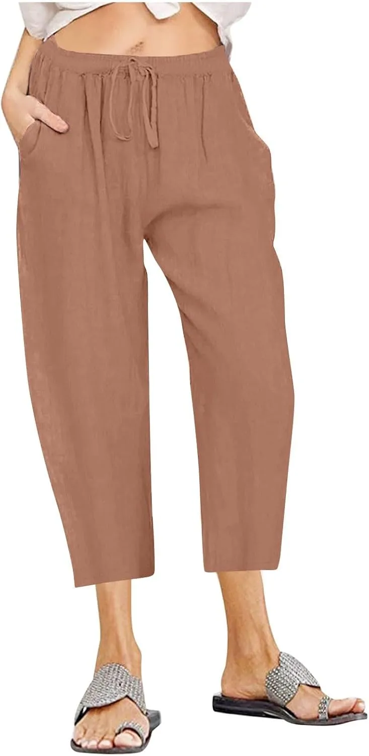 Cotton Linen Capris Pants Women Solid Color Elasticated Waist Cropped Trousers Summer Plain Pant Casual Bottoms Pockets