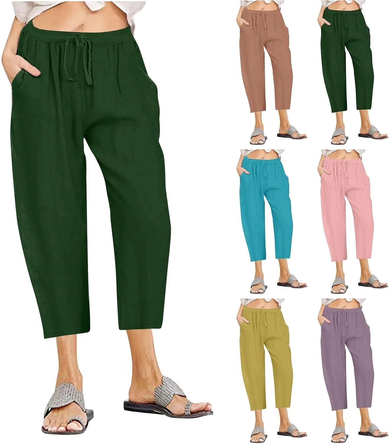 Cotton Linen Capris Pants Women Solid Color Elasticated Waist Cropped Trousers Summer Plain Pant Casual Bottoms Pockets