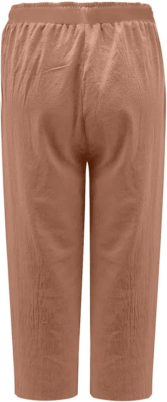 Cotton Linen Capris Pants Women Solid Color Elasticated Waist Cropped Trousers Summer Plain Pant Casual Bottoms Pockets