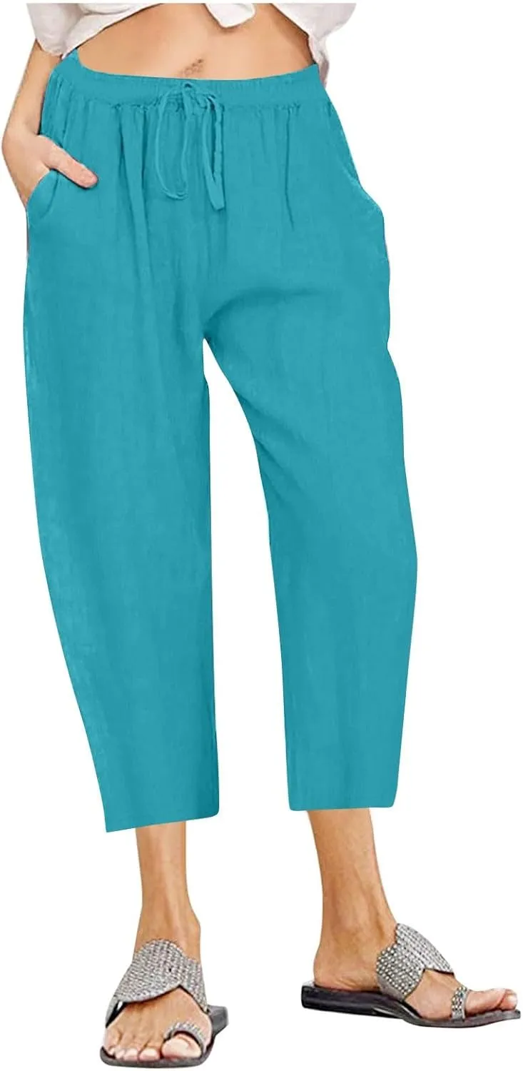 Cotton Linen Capris Pants Women Solid Color Elasticated Waist Cropped Trousers Summer Plain Pant Casual Bottoms Pockets