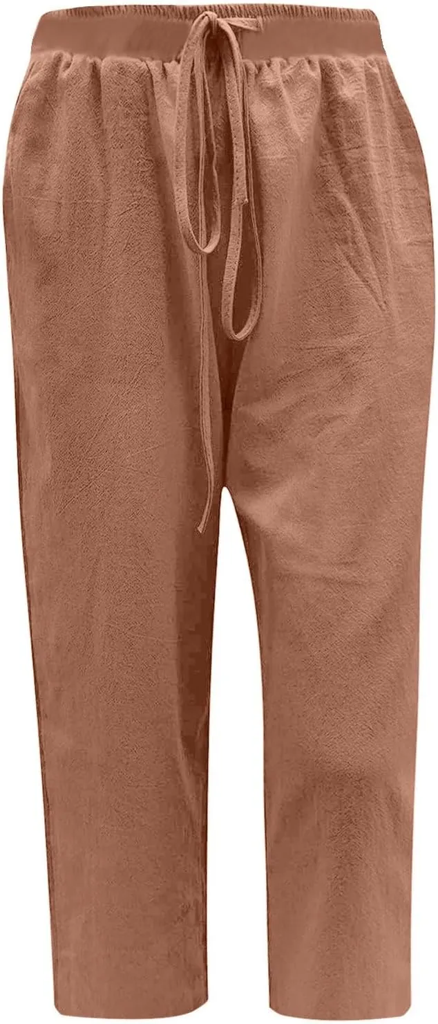 Cotton Linen Capris Pants Women Solid Color Elasticated Waist Cropped Trousers Summer Plain Pant Casual Bottoms Pockets