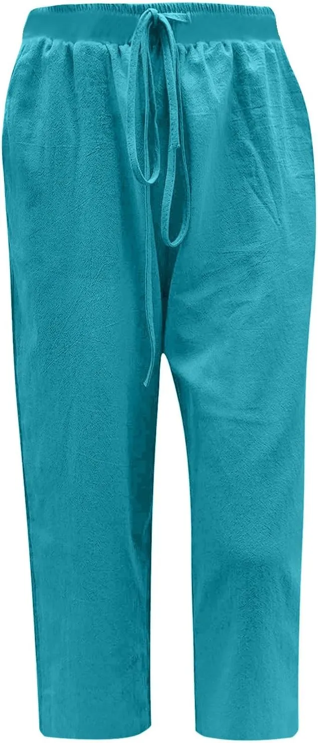 Cotton Linen Capris Pants Women Solid Color Elasticated Waist Cropped Trousers Summer Plain Pant Casual Bottoms Pockets