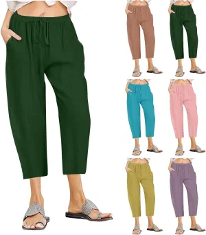 Cotton Linen Capris Pants Women Solid Color Elasticated Waist Cropped Trousers Summer Plain Pant Casual Bottoms Pockets