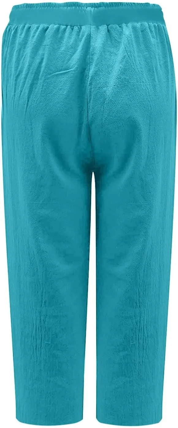 Cotton Linen Capris Pants Women Solid Color Elasticated Waist Cropped Trousers Summer Plain Pant Casual Bottoms Pockets