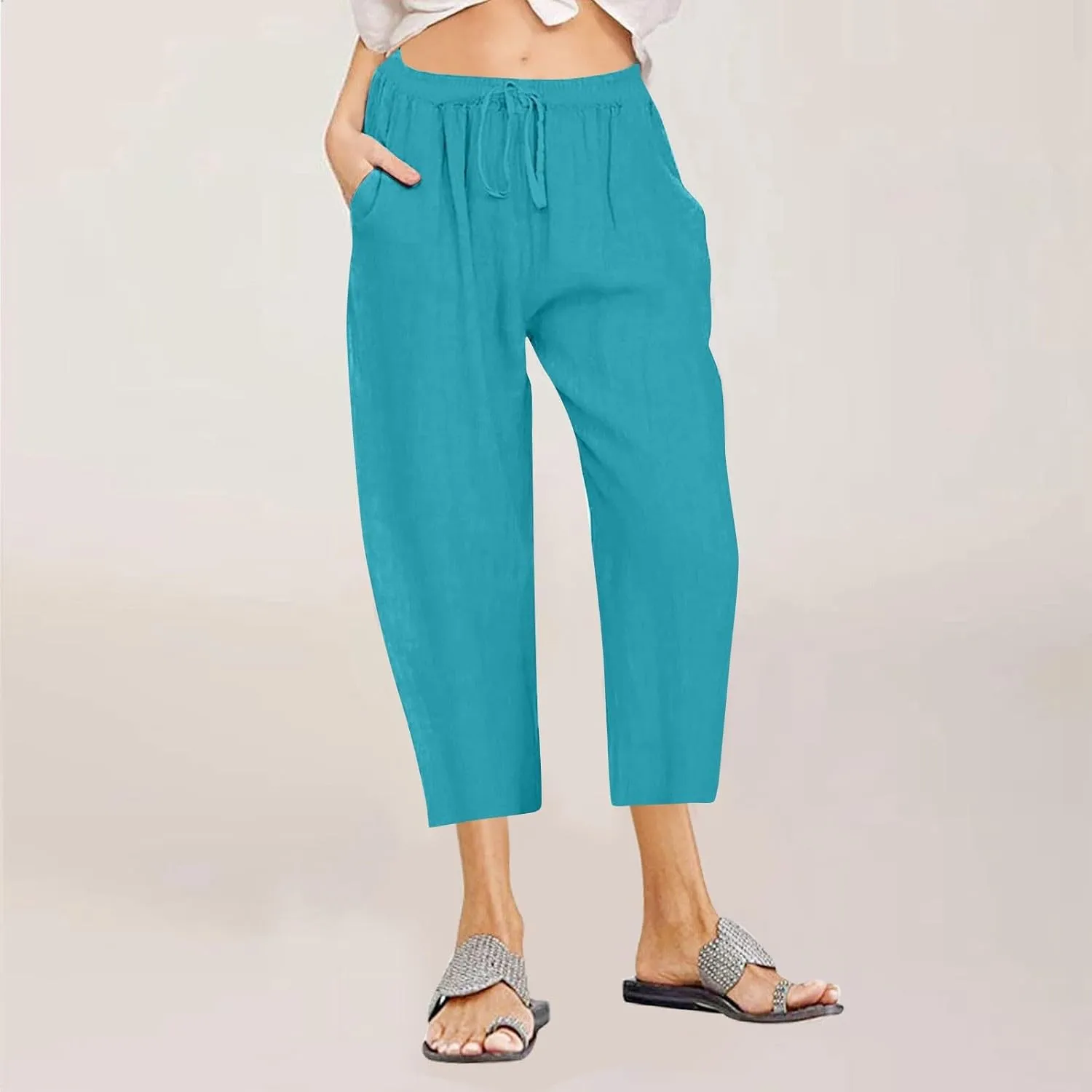 Cotton Linen Capris Pants Women Solid Color Elasticated Waist Cropped Trousers Summer Plain Pant Casual Bottoms Pockets