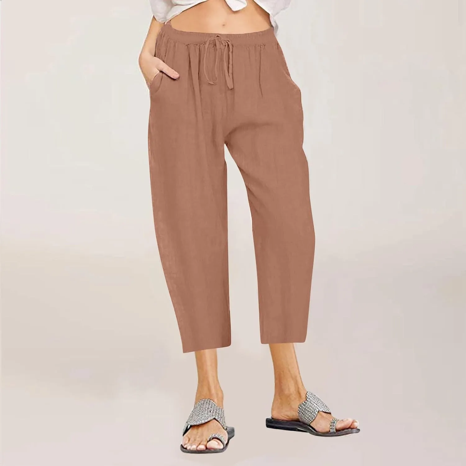 Cotton Linen Capris Pants Women Solid Color Elasticated Waist Cropped Trousers Summer Plain Pant Casual Bottoms Pockets