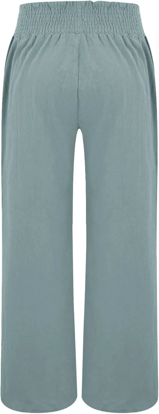 Cotton Linen Pants for Women 2025 Summer Casual Loose Wide Leg Palazzo Pants Smocked High Waist Beach Trousers Outfits