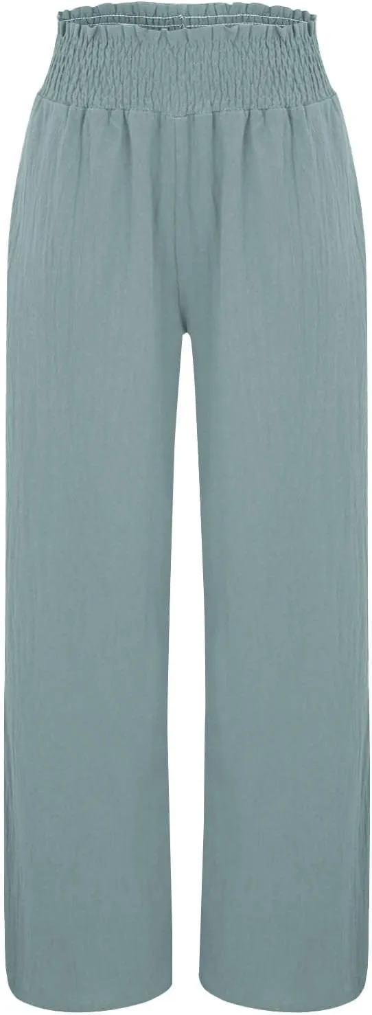 Cotton Linen Pants for Women 2025 Summer Casual Loose Wide Leg Palazzo Pants Smocked High Waist Beach Trousers Outfits