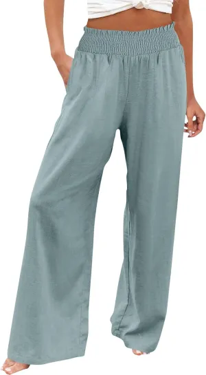 Cotton Linen Pants for Women 2025 Summer Casual Loose Wide Leg Palazzo Pants Smocked High Waist Beach Trousers Outfits
