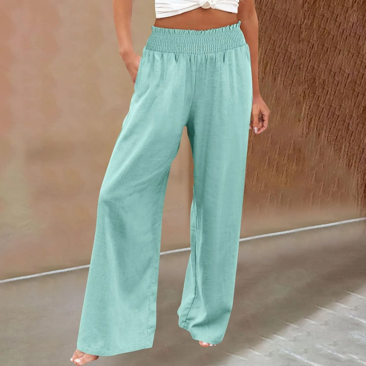 Cotton Linen Pants for Women 2025 Summer Casual Loose Wide Leg Palazzo Pants Smocked High Waist Beach Trousers Outfits