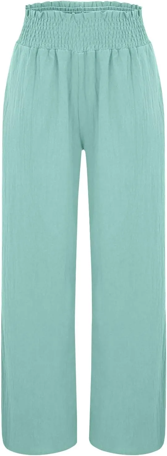 Cotton Linen Pants for Women 2025 Summer Casual Loose Wide Leg Palazzo Pants Smocked High Waist Beach Trousers Outfits