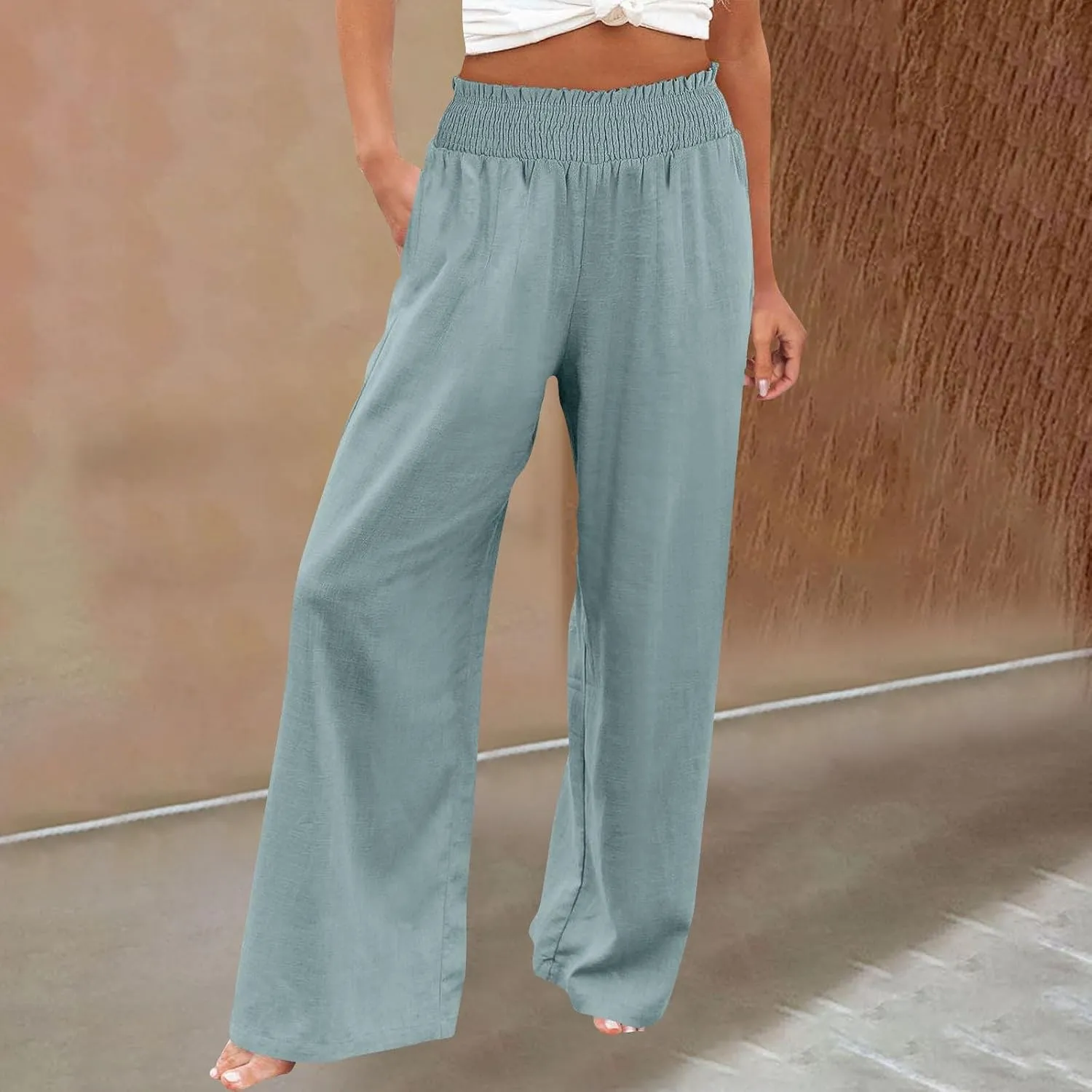 Cotton Linen Pants for Women 2025 Summer Casual Loose Wide Leg Palazzo Pants Smocked High Waist Beach Trousers Outfits