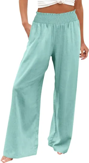 Cotton Linen Pants for Women 2025 Summer Casual Loose Wide Leg Palazzo Pants Smocked High Waist Beach Trousers Outfits